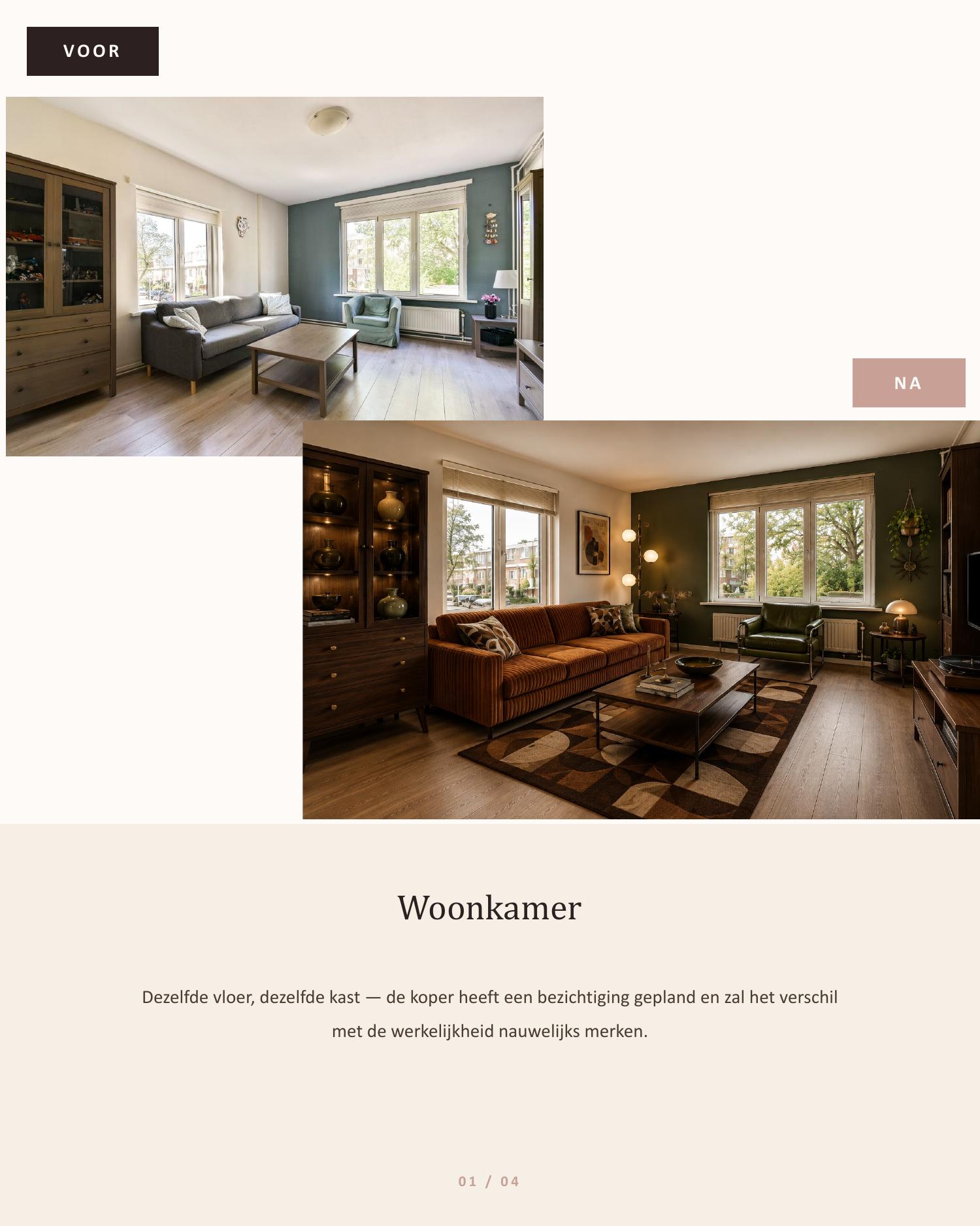 Voor en na — Woonkamer, AI-interieurstyling VibeView