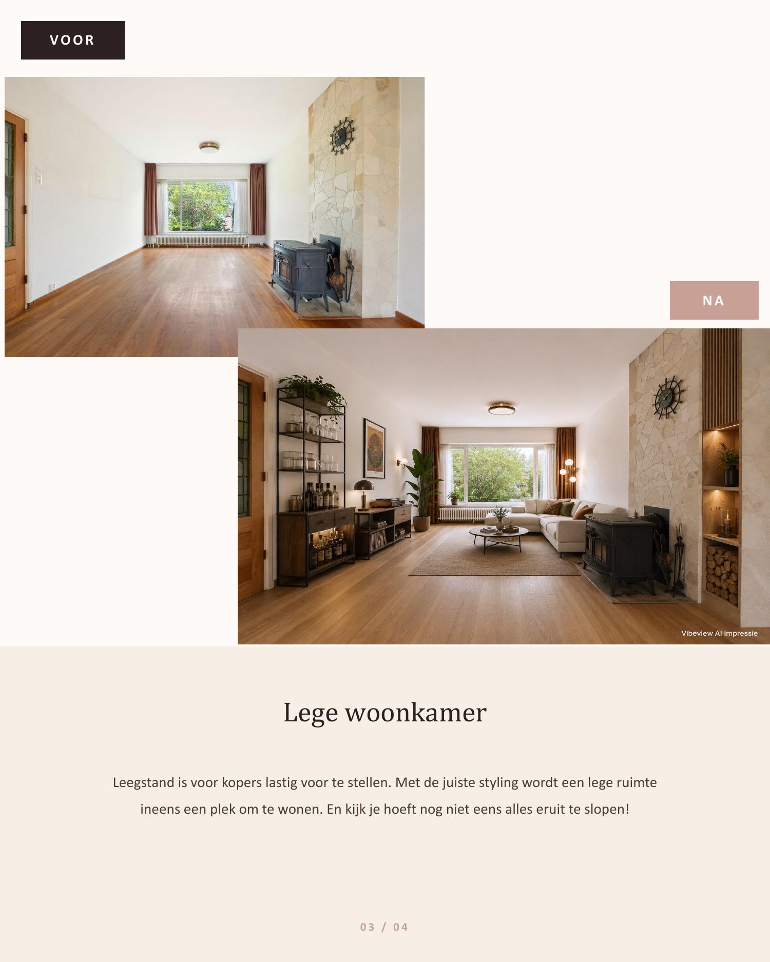 Voor en na — Lege woonkamer, AI-interieurstyling VibeView